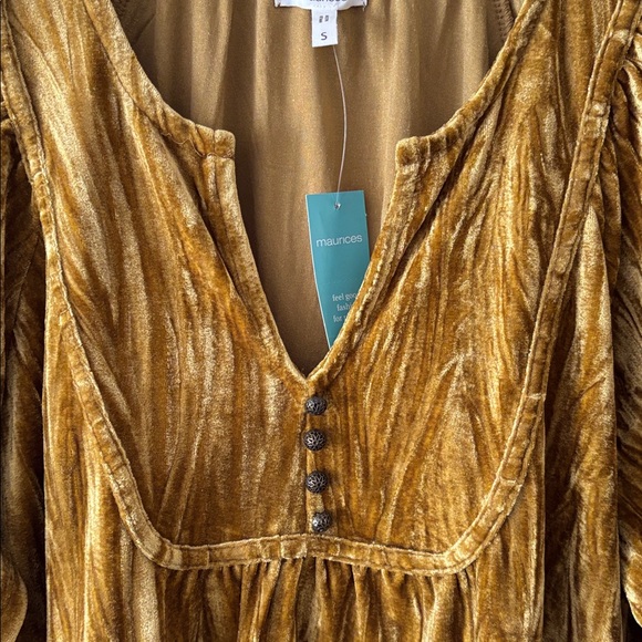 Maurices Gold Crushed Velvet Boho Peasant Casual Top New With Tags small - Picture 3 of 5